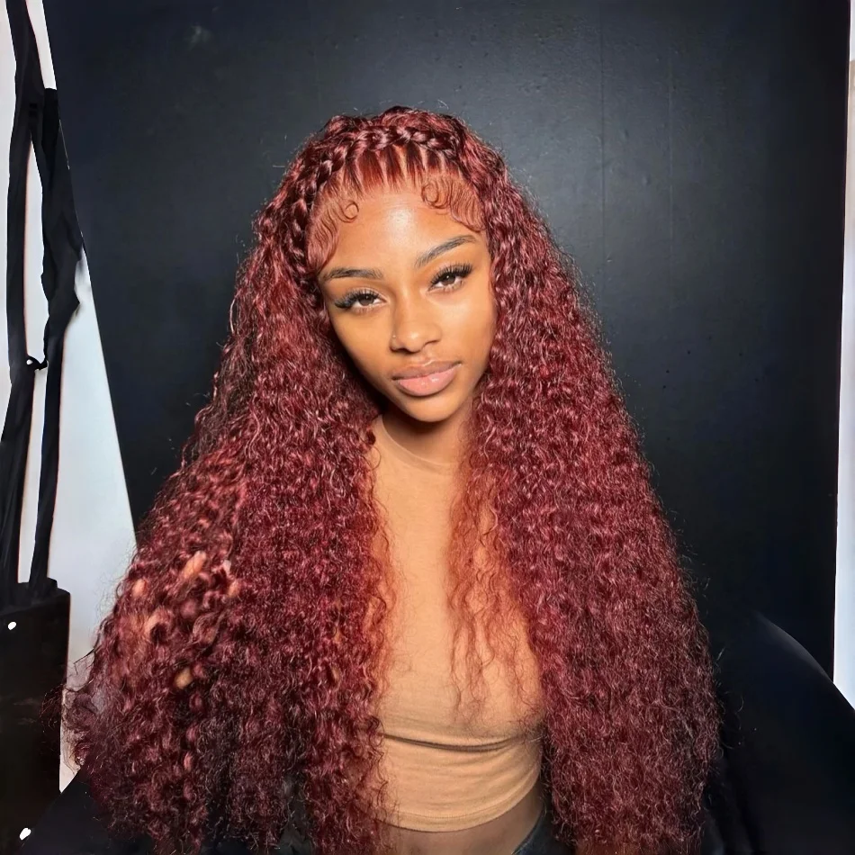 

Бордовый парик из натуральных волос 13x6 HD с кружевной передней частью, глубокие волны, кудрявый, цвет 99J красный, парик с кружевной передней частью 13x4