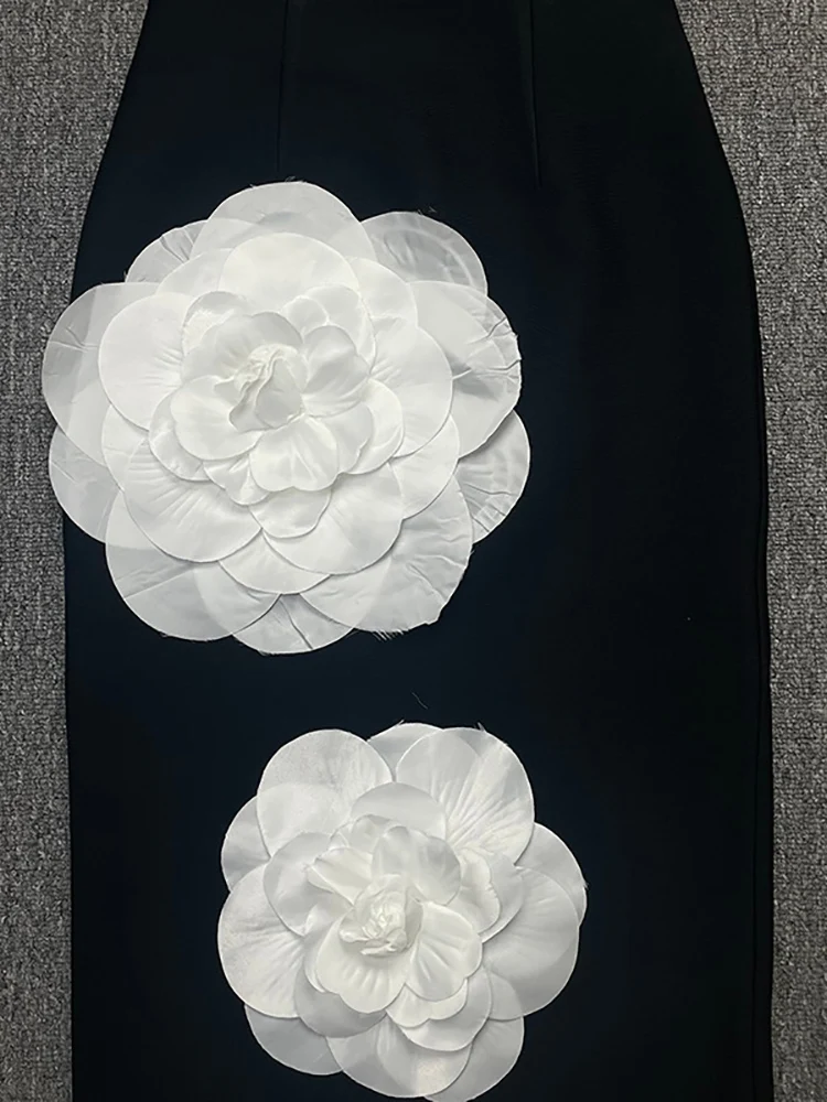 Vestido Bandage de flores blancas grandes sin tirantes para mujer, vestido negro sin mangas con espalda descubierta, vestidos largos florales ajustados para fiesta y Club nocturno