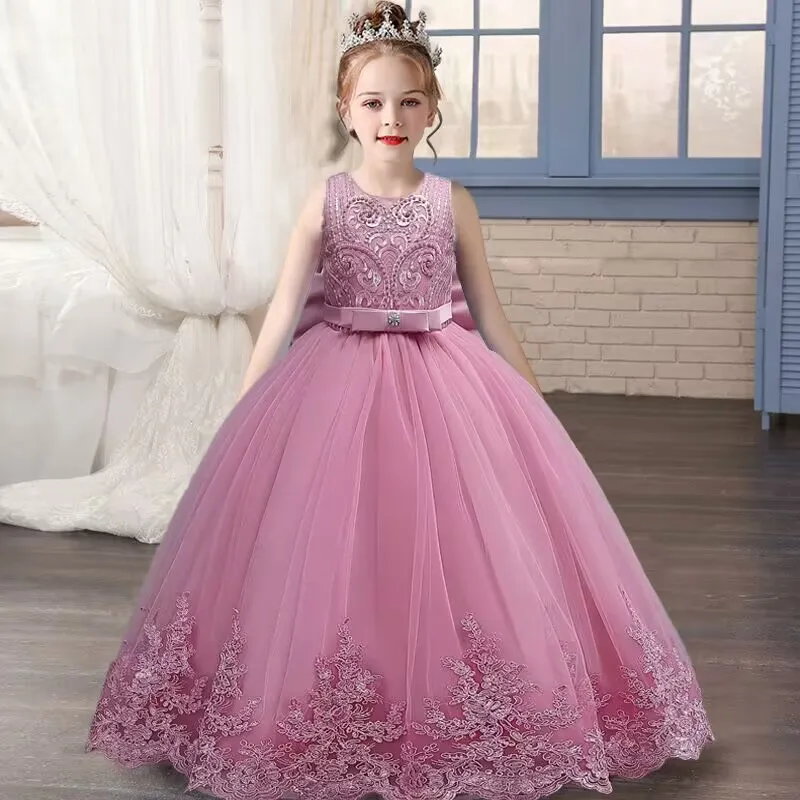 Girls\' embroidered princess dress 4-12 years old lace sleeveless mesh cake dress high-end performance dress for banquet hosts