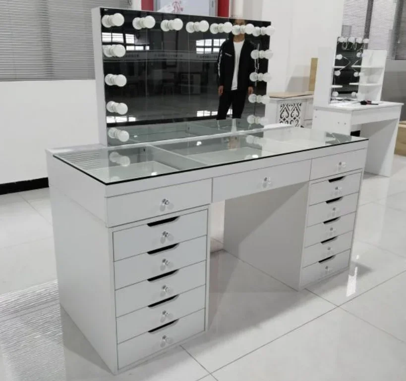 Dresser Phoenix Home Luxury Modern Large White Wooden Dresser with Light Emitting Diode and 13 Drawers