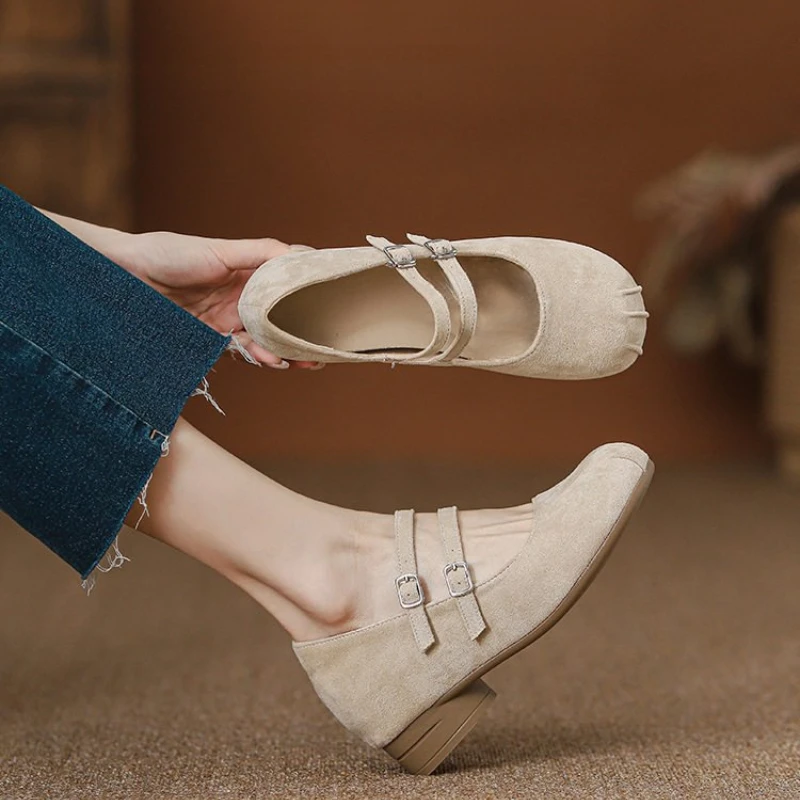 Suede Double-Strap Mary Jane Shoes, Split-Toe Square Toe Shallow Pumps, Gentle Retro Flat Shoes for Women view 5