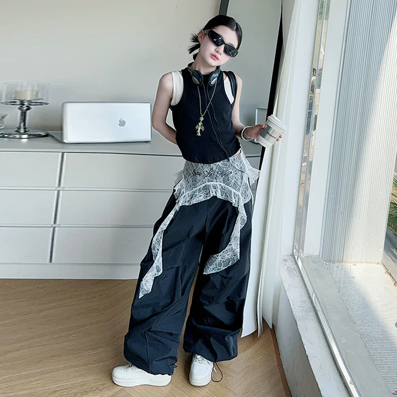 

Fashion Children Clothing Outfits 6 8 10 12 Years Girls Clothes Set Summer Teen Kids Slim Vest + Lace Cargo Wide Leg Pants Suits