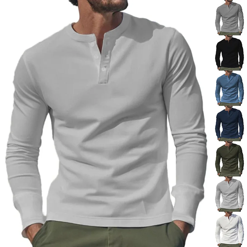 

Spring Autumn New Pullovers Solid Color Crew Neck Button Spliced Long Sleeve Fashion Slim Handsome Casual Men's T-shirt T-shirt