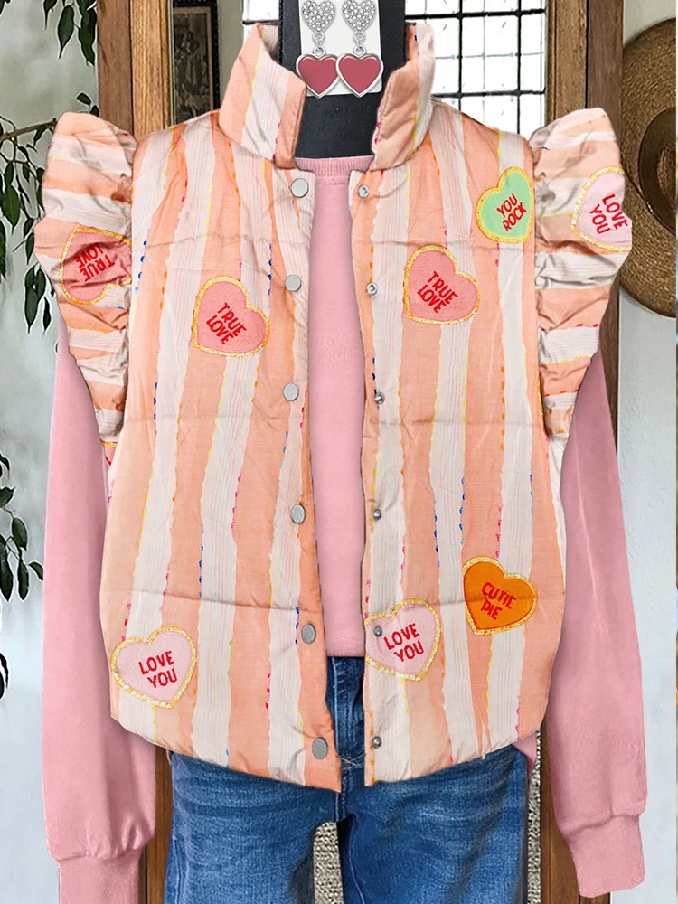 Sweet Valentine's Day Heart Stripe Print Fly Sleeve Vest