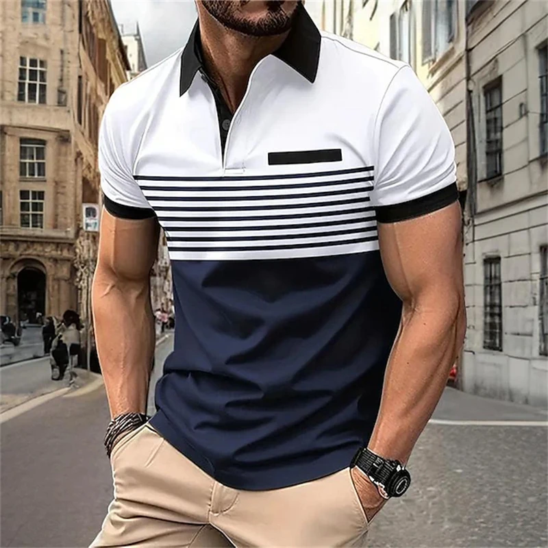 Camisa masculina de golfe manga curta estampada em bloco colorido, casual de grandes dimensões, estilo empresarial, maduro, charmoso, tops necessários para o verão