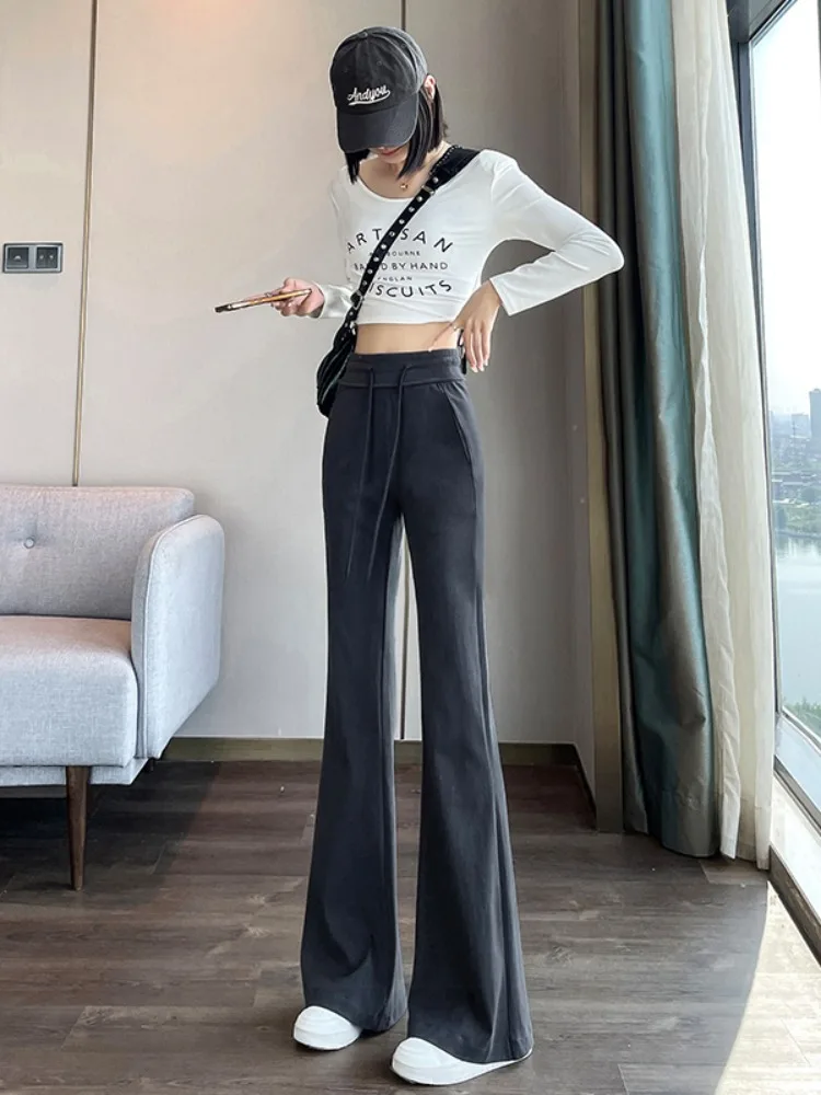 กางเกงวอร์มทรงบานเอวสูงสไตล์อเมริกันสำหรับผู้หญิง ลำลอง ใส่เล่นกีฬา ฤดูใบไม้ผลิ ฤดูใบไม้ร่วง สินค้ามาใหม่ ไซส์เล็ก