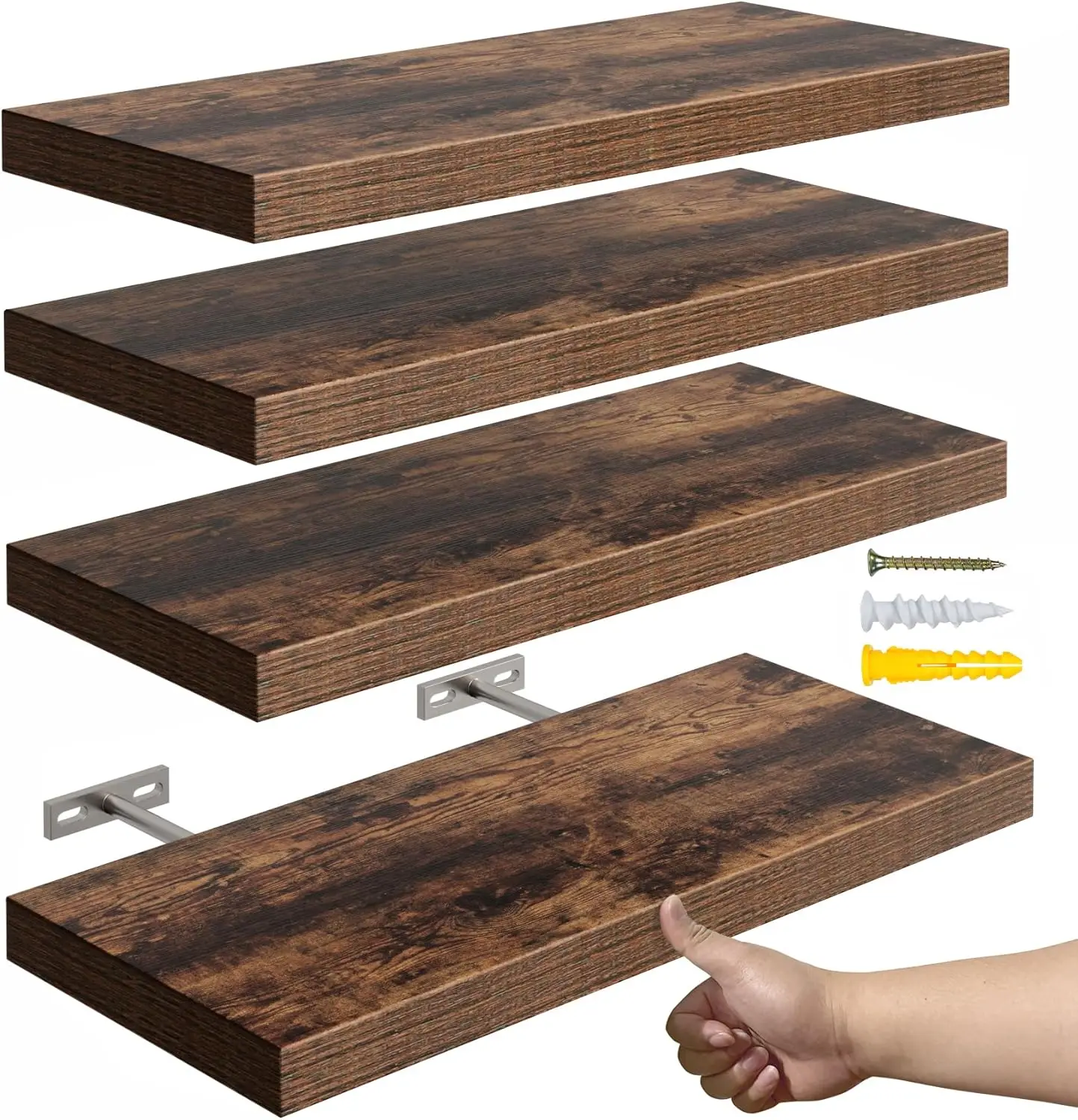 

16’’Rustic Brown Floating Shelves for Wall Set of 4,Rustic Wood Shelf for Room Decor/Storage/Display,Small Bookshelf,