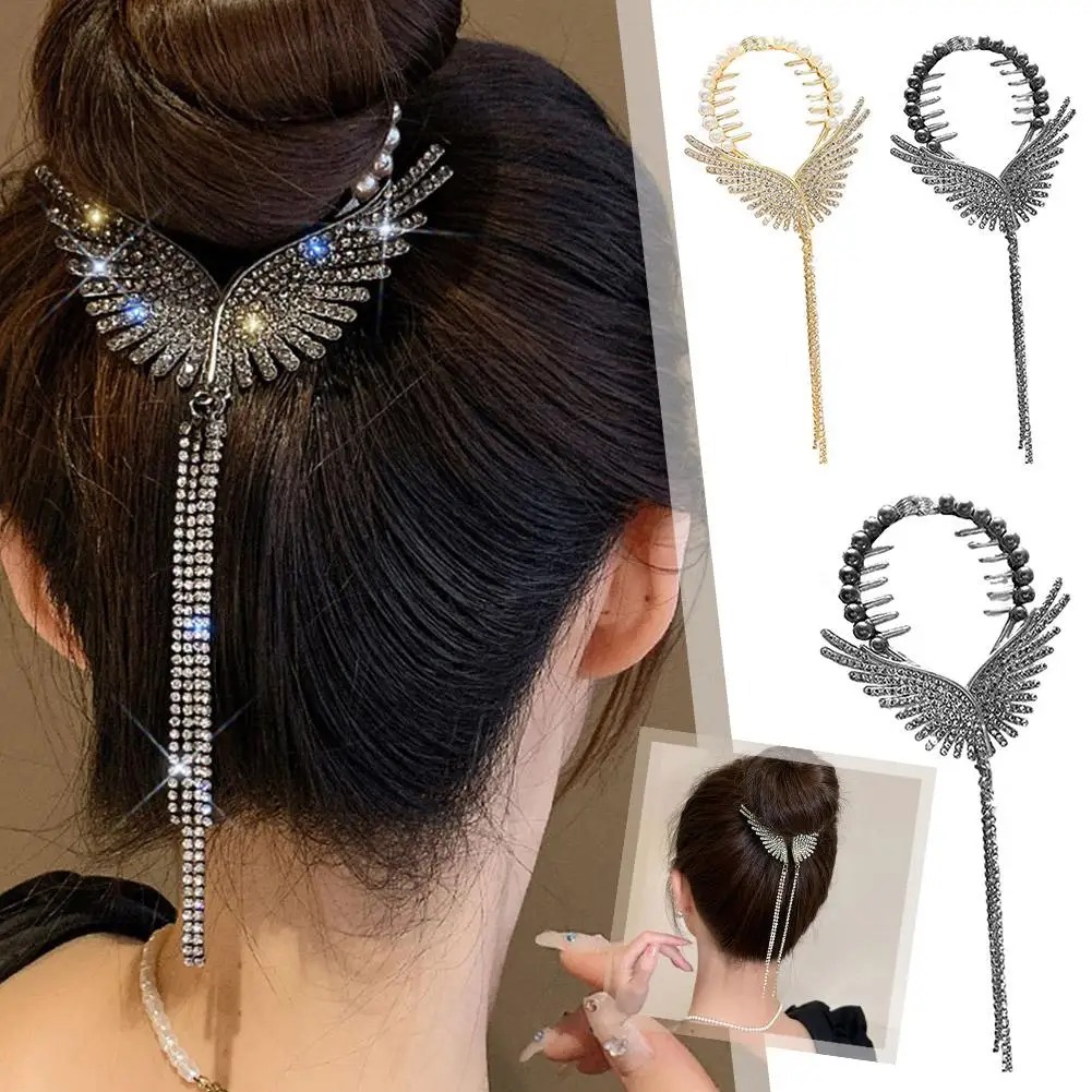 Angel Wings Rhinestone Hairpin Shape Pearl Tassel Claw Curler Clip Shiny New Creative Accessories High Hair Ponytail F1M7