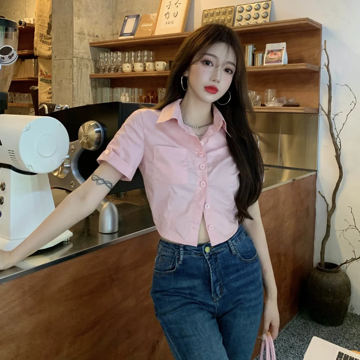 

Pink Slim Shirts Women Short Sleeve Sexy Korean Style Cropped Tops Hot Sweet Casual Streetwear Summer Ulzzang Simple Preppy BF