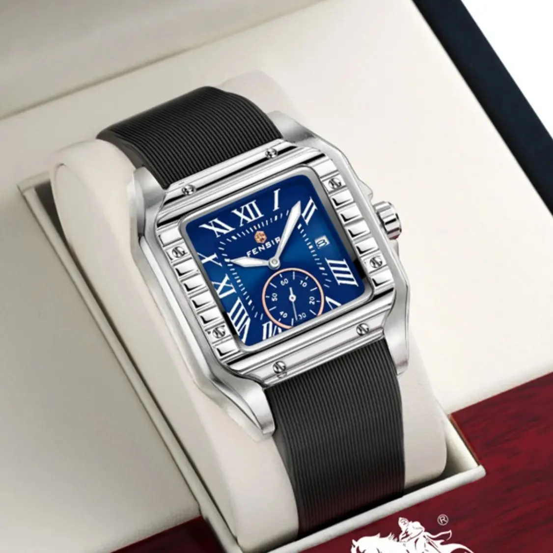 

European and American Style Square Business Men's Quartz Watch, with Calendar Display, Silicone Strap, High-Looking Small Square Fashionable Casual Versatile Handsome Men's Watch, the First Choice for Gift-Giving, Famous Brand Watch