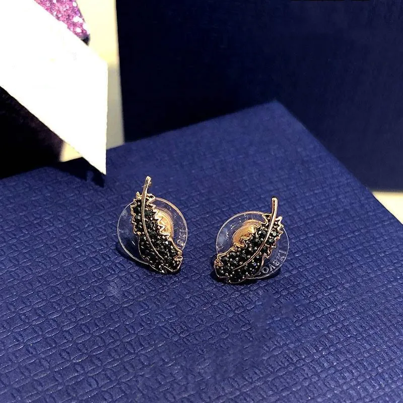 Buy One Get One Free S925 Sterling Silver Full Diamond Rose Gold Black Light Luxury Feather Earrings for Women Sterling Silver Earrings