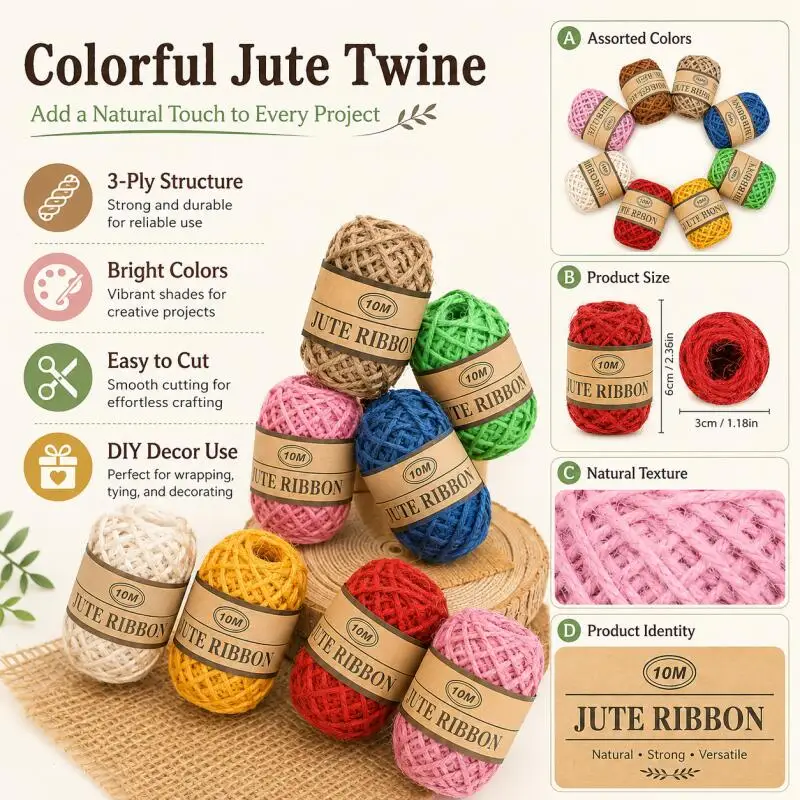 10m/Rolle Farbige Jute-Schnur Geflochtenes Seil für DIY Handarbeiten Hochzeitsdekoration Geschenkverpackung Zubehör – Detail 1