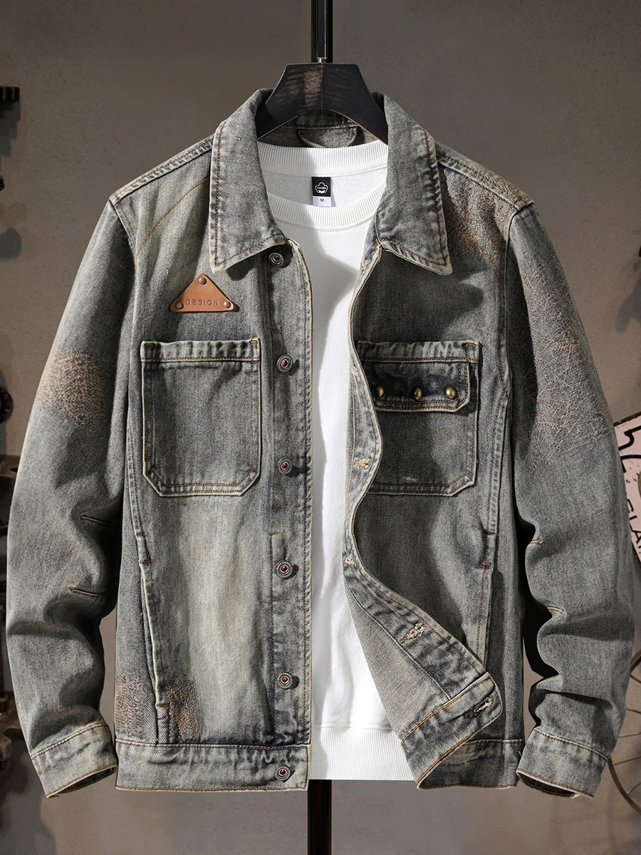 

Мужская джинсовая куртка в стиле ретро, плотная, модная, с эффектом потертости, в американском повседневном стиле, рабочая одежда, с длинными рукавами, молодежная верхняя одежда