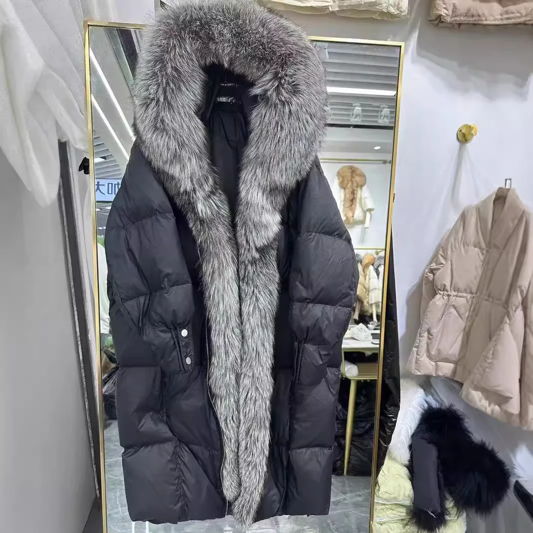 Winterjas voor dames met capuchon, vossenbontkraag en donsvulling