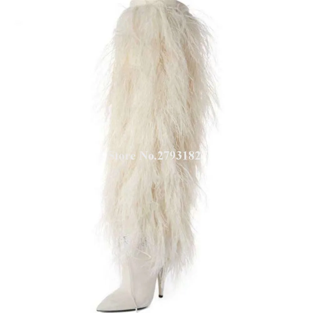 Fashion Women Long Fur Boots Women Sexy White Pointed Toe Feather Stiletto Heel Knee High Boots Charming Wedding Shoes