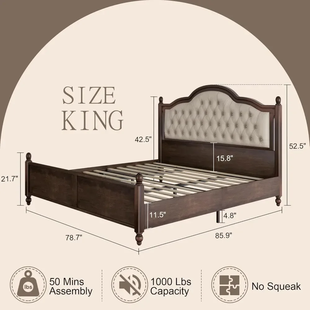 King Size Solid Wood Bed Frame, Transitional Platform Bed with 52.5