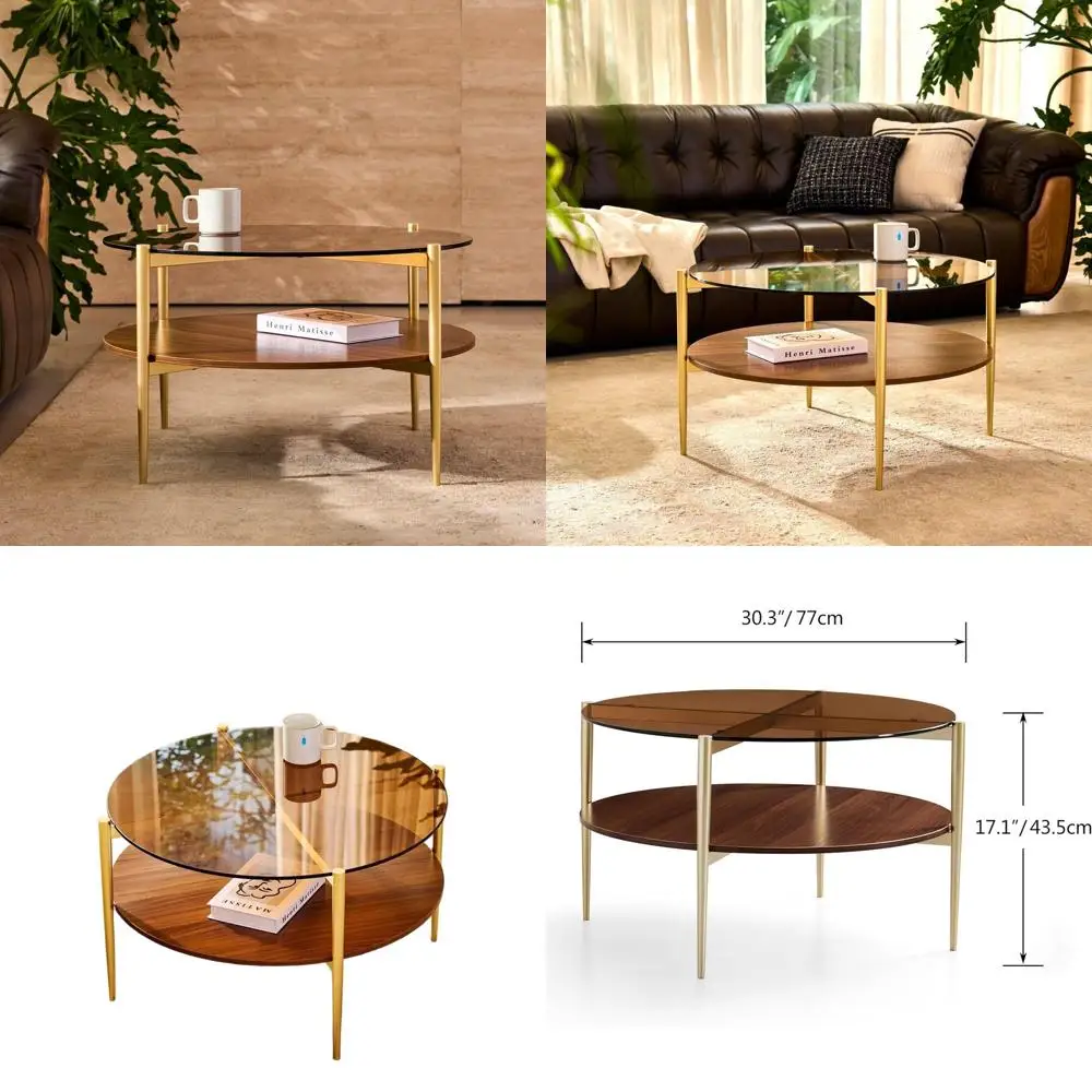 

Mid-Century Round Glass Top Coffee Table with Gold Legs, Coffee Brown and Walnut Wood Shelf for Living Room