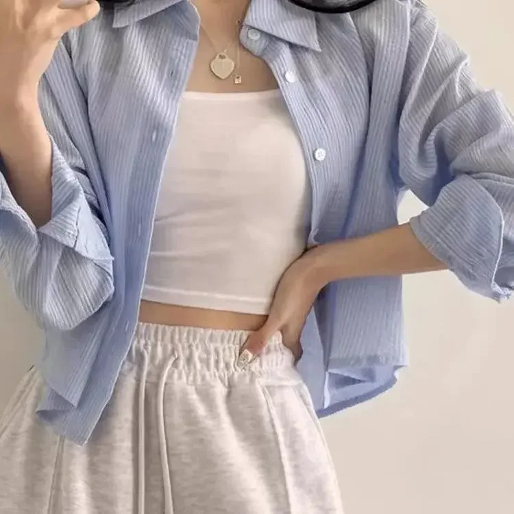 

Sunscreen Women's Striped Shirt Thin Small Shirt Short Cardigan Super Fairy