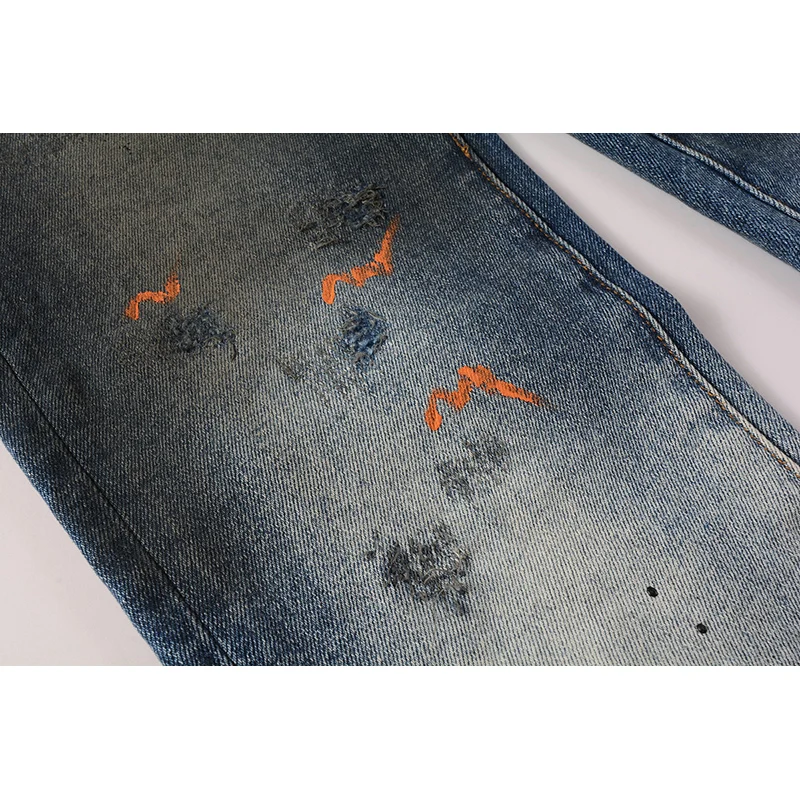 Jeans sujos e angustiados dos homens, calças rasgadas, streetwear de verão, botão magro Fly Splash Paints