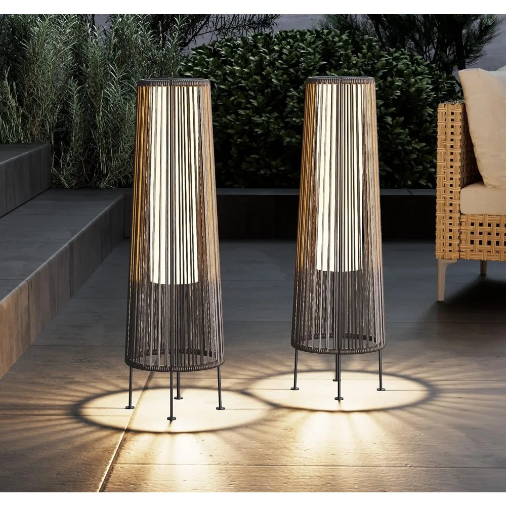 Floor Solar Light Set of 2, Wicker Solar Patio Lamp Waterproof Outside Solar Deck Lamp for Garden, Outdoor Floor Lamp