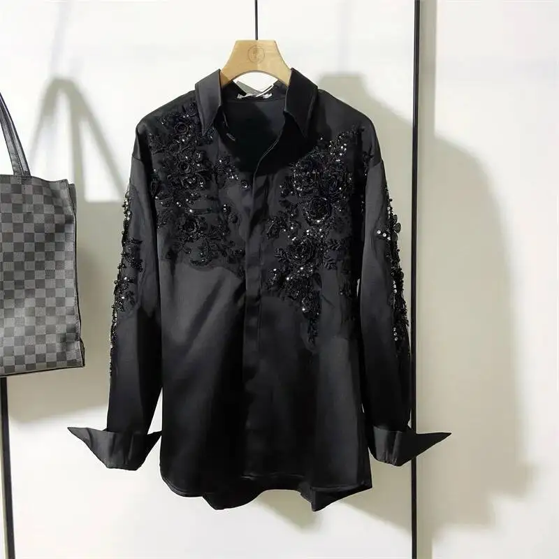 2025 New Glitter Embroidered Shirt Long Sleeve Design Light Luxury Shirt Turn-down Collar Korea Fashion Male Tops XPO7
