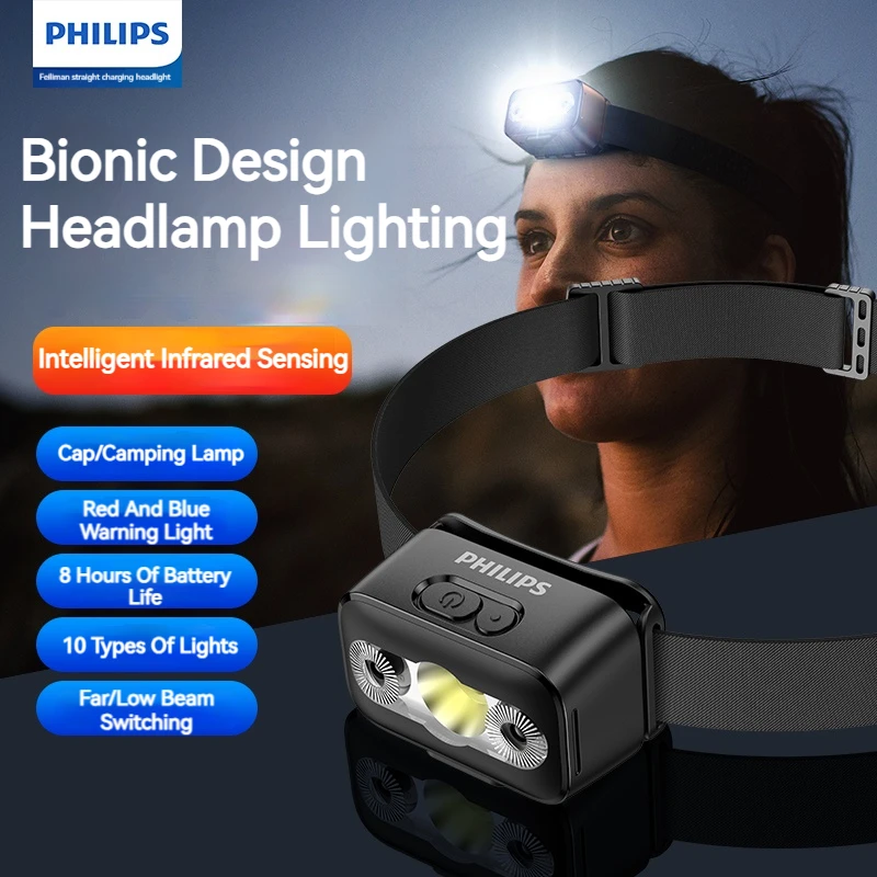 PHILIPS LED Headlamp Sensor Head Flashlight Ten Types of Lighting Type-C Rechargeable Headlight Outdoor Camping Fishing Lantern