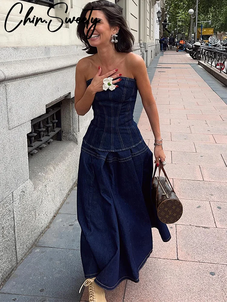 

Vintage Denim Vest Skirt Set Women Elegant Slash Neck Tank Top Pleated Zippers Mid Skirts 2026 Summer Fashion HN New Lady Set