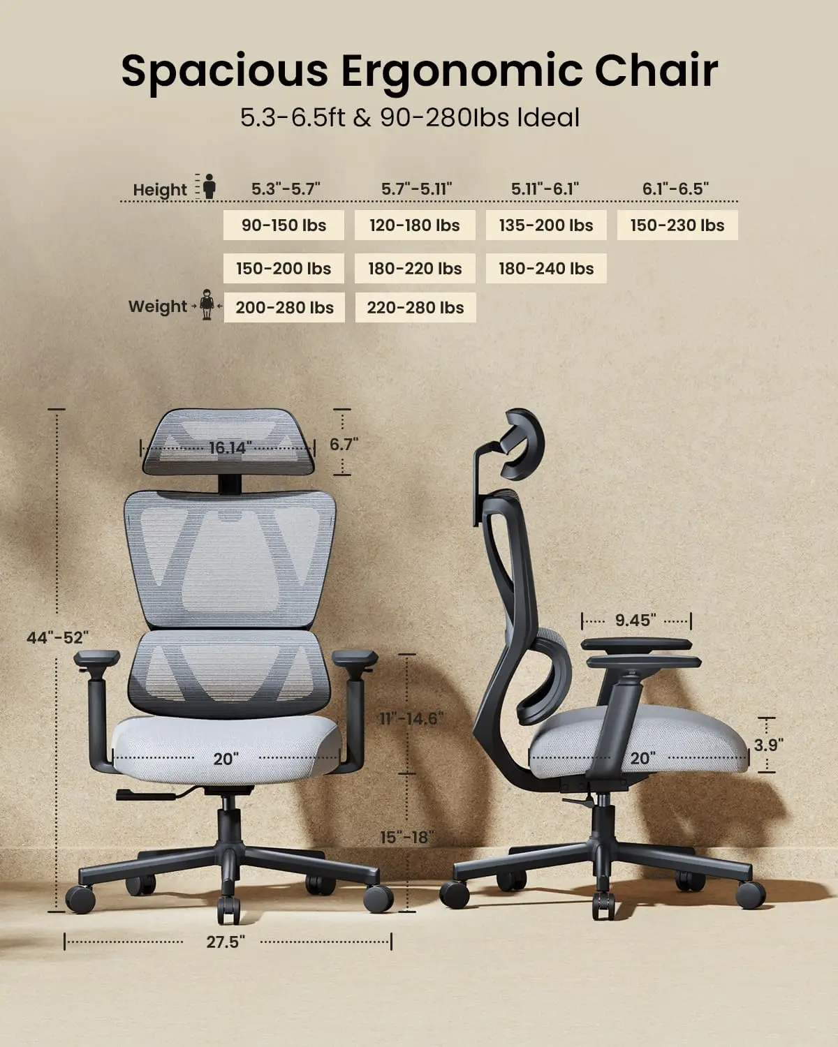 EC100 Big and Tall Mesh Computer Desk Chair with 30% Thicker Saddle Shaped Spring Cushion, Lumbar Support, Adjustable Headrest,