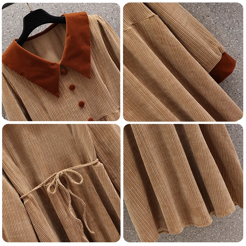 Autumn Winter Corduroy Thick Warm Midi Dress Women Solid Long Sleeve Doll Collar Dress 2024 Korean Vintage Elegant Casual Dress