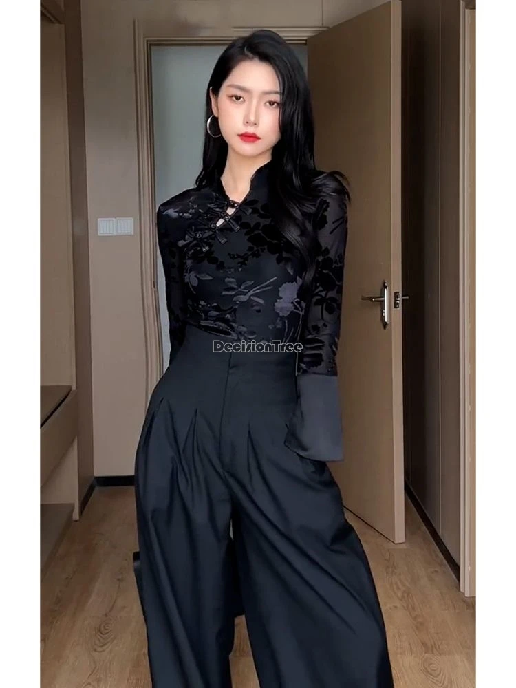 2024 spring new chinese style women slimming qipao top improved cheongsam shirt fashion sexy black long sleeve lace blouse w362