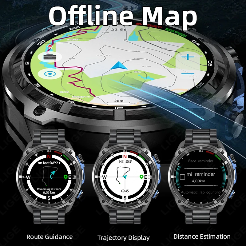 Lige novo gps track offline mapa bússola relógio inteligente 466*466 tela amoled 860mah bateria 3atm relógios à prova dwaterproof água vídeo smartwatch