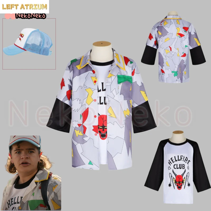 

Cosplay Dustin Cosplay Henderson Role Play Adult Child Boys Summer Printed Shirt Cap S4 Costume Kids Men Fantasy Party Shirt
