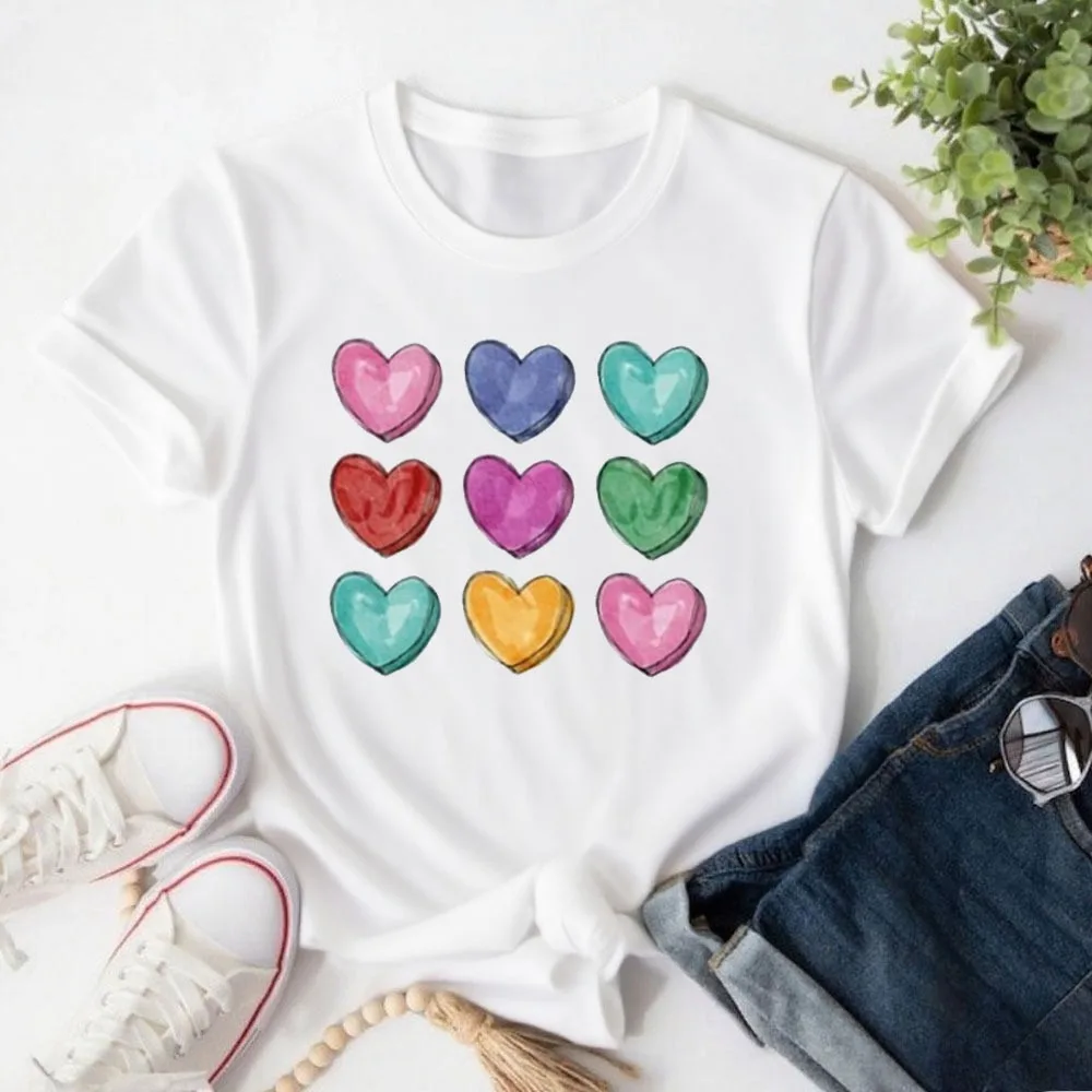 قميص عيد الحب على شكل قلب، قمصان عيد الحب للنساء المعلمين، أزياء الشارع، محب بأكمام قصيرة