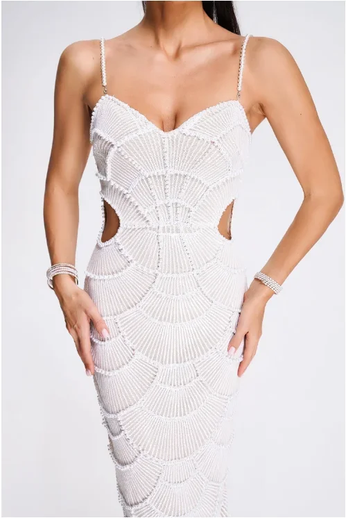 Abito da festa bianco da donna Designer di lusso Runway Fashion Pearl Beading Cut Out Long Birthday Celebrity Evneing Party Dresses