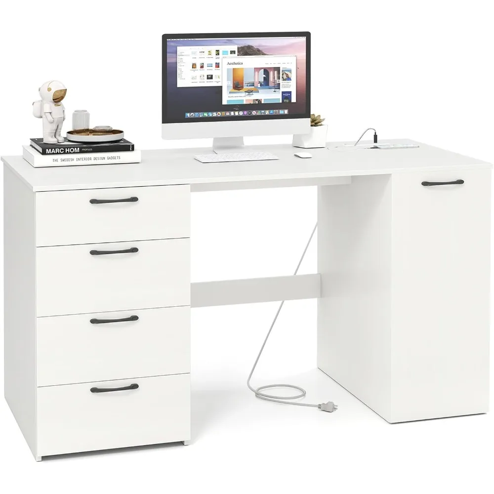 

53" White Computer Desk with 4 Storage Drawers & Cabinet, Home Office Desk with Charging Station, 5-Level Adjustable Shelf & Ca
