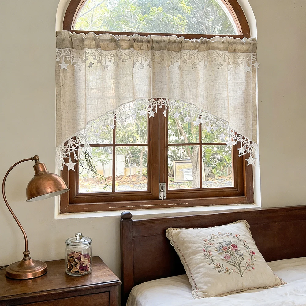 Vintage Farmhouse Star Lace Trim Curtain Arched Top Light Filtering Valance for Kitchen Doorway Living Room Home Decor