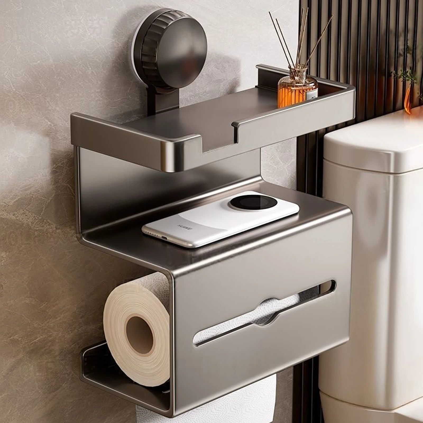 

Tissue Dispenser Suction Cup/Self-adhesive with Storage Rack Easy to install Wall Mounted Toilet Roll Paper Holder Bathroom