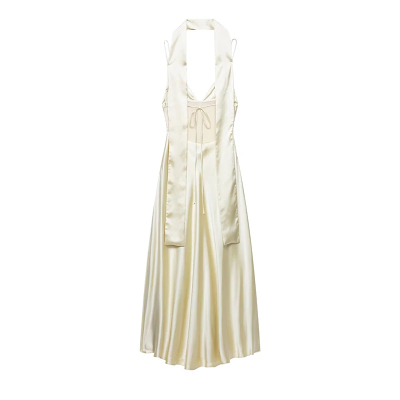 실크 새틴 얇은 스카프 장식 패셔너블한 여름 신상 여성 드레스 Z 하이웨이스트 롱 스커트 브이넥 민소매 가운