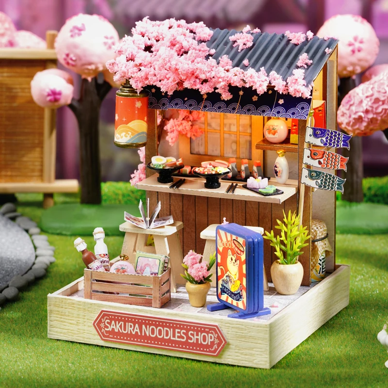 DIY Wooden Mini Casa Doll Houses Miniature Building Kits with Furniture LED Sakura Noodles Shop Dollhouse Toys for Friends Gifts