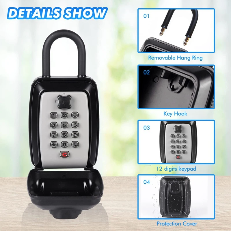 A73T Key Safe -Spacious Resettable 12-Digit Combination Keypad Lock Box, Waterproof Key Safe Wall Mounted Lockbox For Home