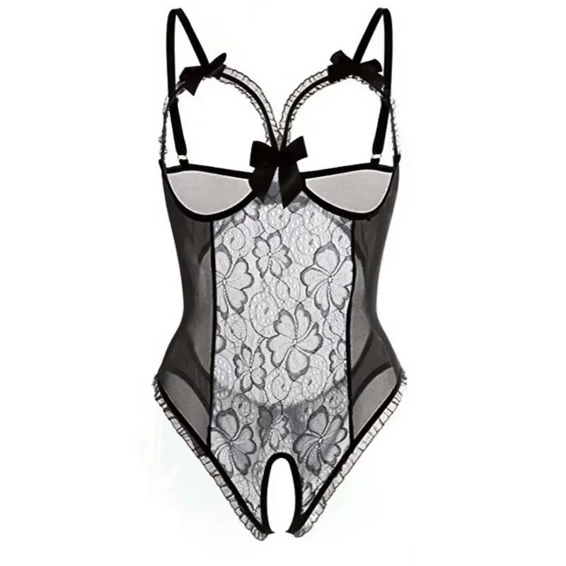 Sous-vêtements porno noirs pour femmes, soutien-gorge Transparent en dentelle, une pièce, Costumes Sexy, soutien-gorge ouvert, body sans entrejambe, ensembles de Lingerie érotique féminine