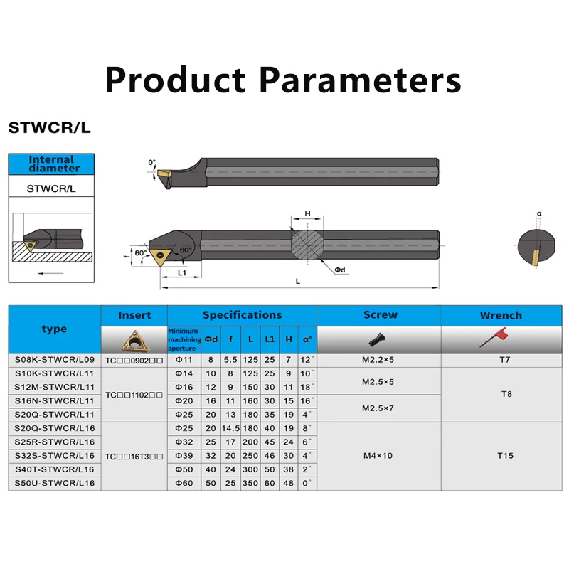 Screw Type Internal Turning Tool S08K/S10K/S12M/S14N/S16Q/S20R/S25S- STWCR/L 07/11 Lathe Turning CNC Cutting Tool Cutter Bar