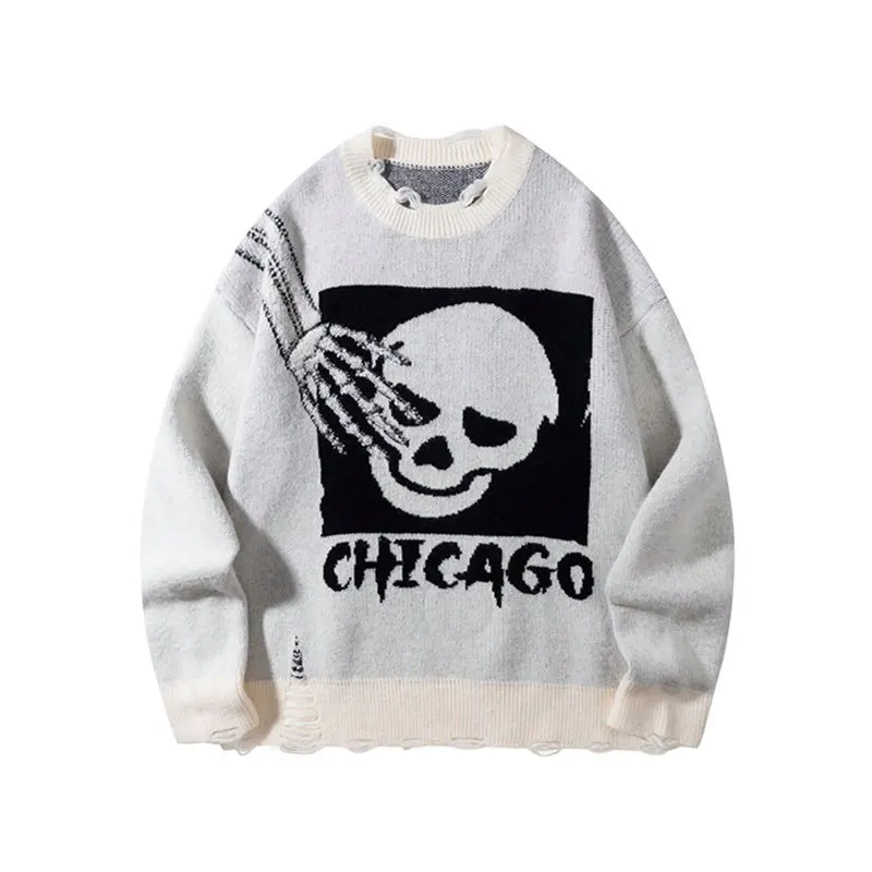 

Men Fashion High Street Oversized Hip Hop Sweater Skull Pattern Streetwear Ripped Jumper Destroyed Punk Style Pullover Knitwear