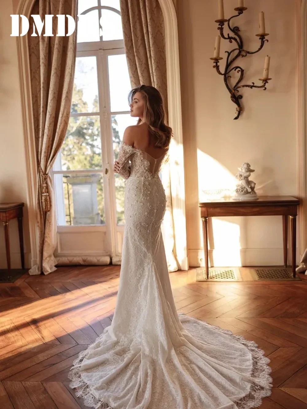 DMDRS Abito da sposa romantico con spalle scoperte Abiti da sposa eleganti in pizzo senza spalline Abiti da sposa formali a-line con perline fino al pavimento