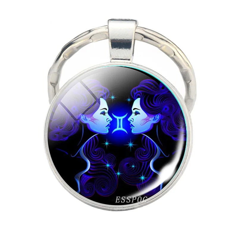 12 Zodiac Sign Scorpion Lion Glass Metal Keychain Women Men Couples Keychain Car Key Holder Rings Fashion Astrology Gifts