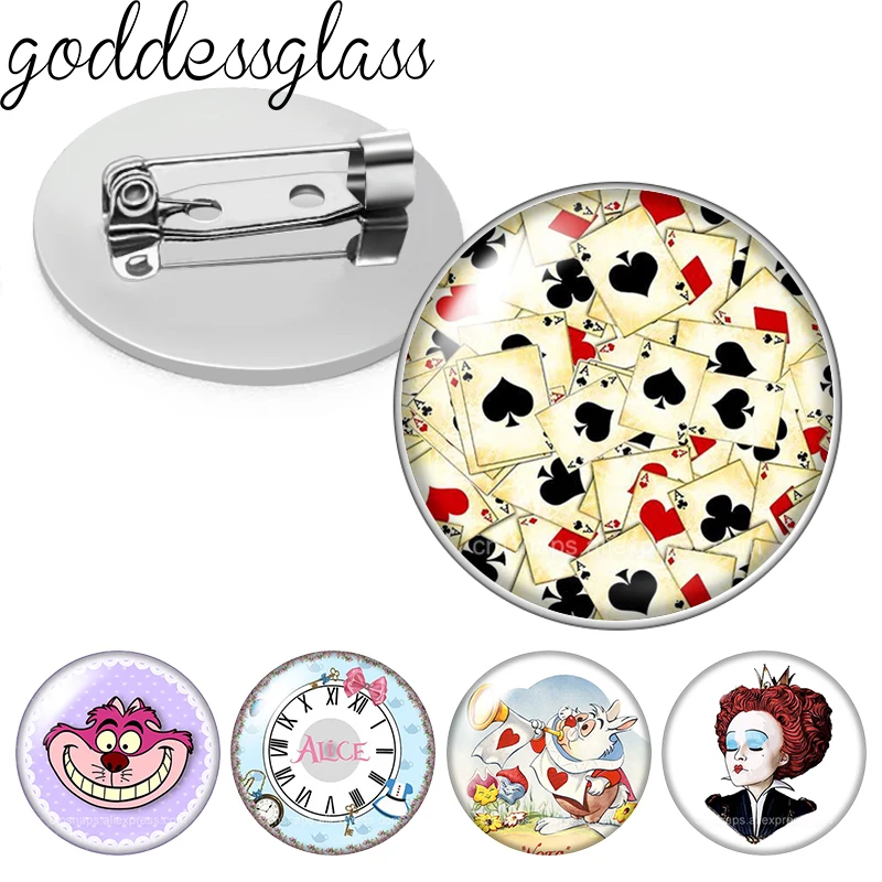 Alice in Wonderland Cheshire Cat poker Queen Photo Glass cabochon Brooch pinback button Bag Clothes Denim Jeans Lapel Pin Badge