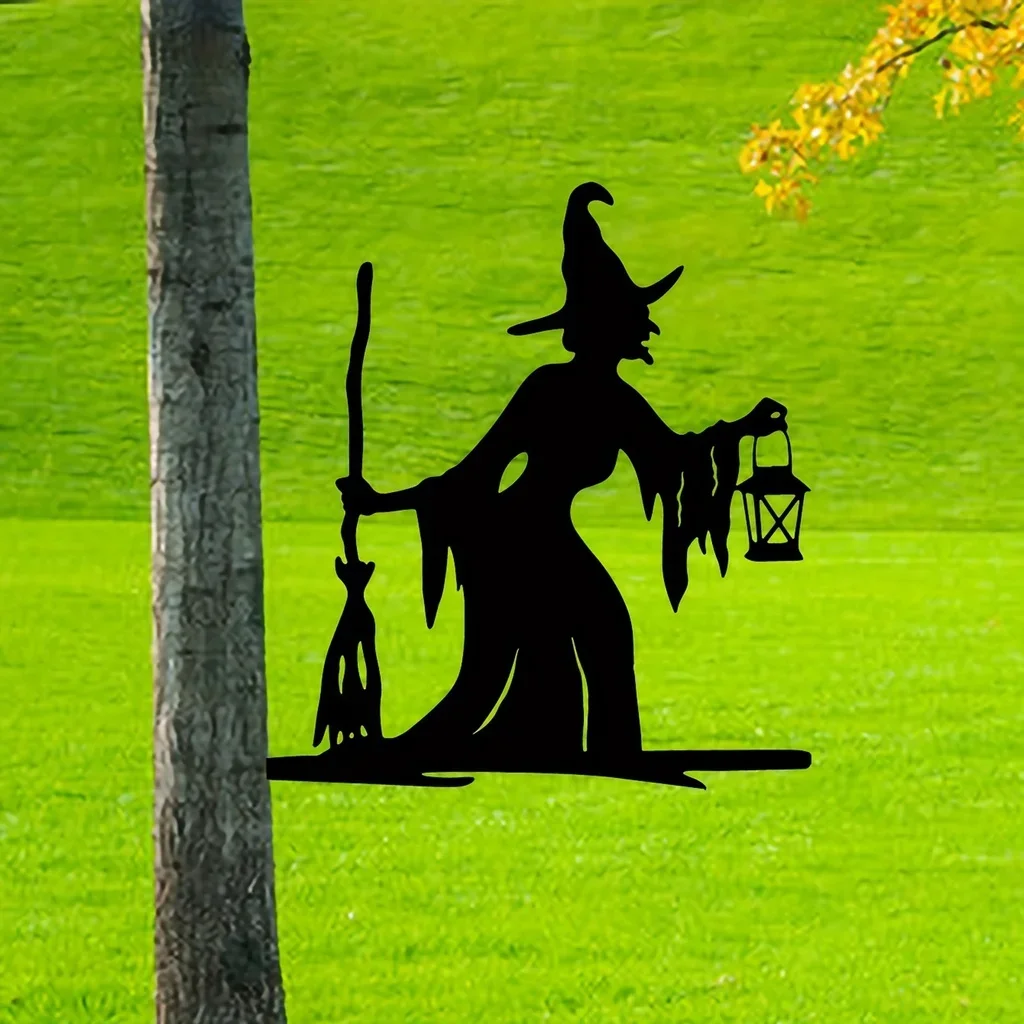 1szt Witch Lantern On Branch Steel Silhouette Metal Wall Art Home Garden Yard Patio Outdoor Statue Stake Decoration Perfect