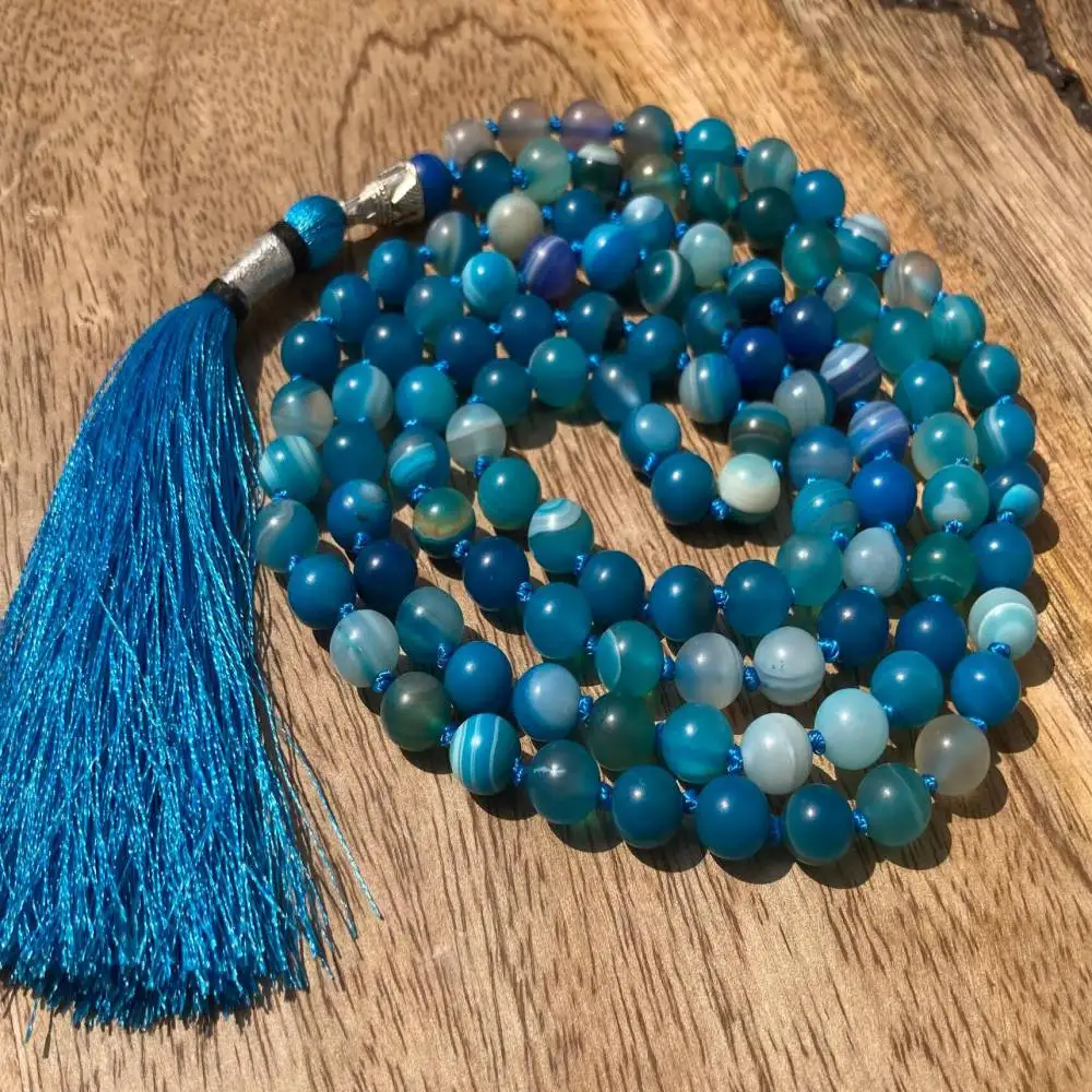 

Natural Blue Striped Agate 108 Beads Mala Necklace with Blue Tassel Healing Crystal Jewelry