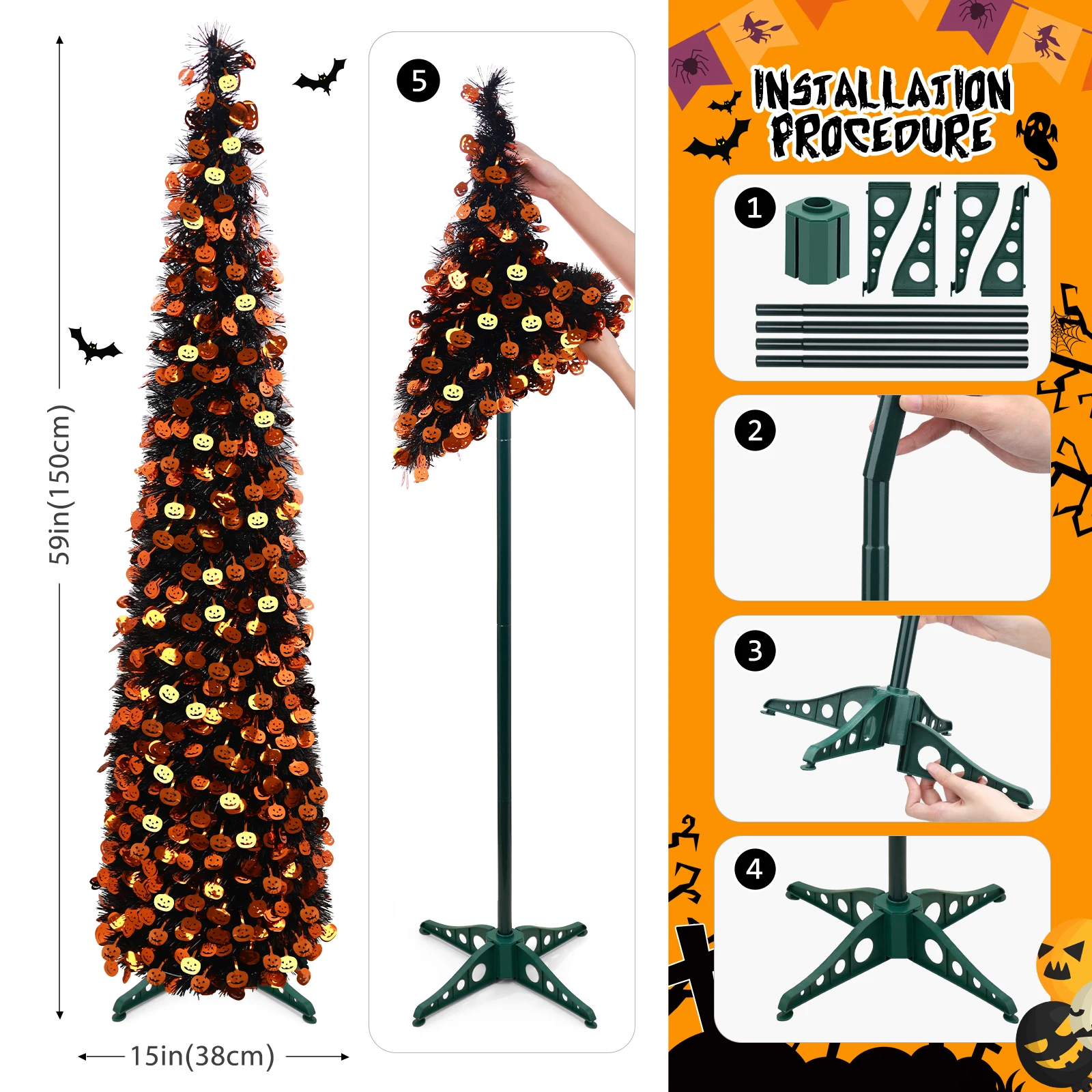5Ft Halloween Pop Up Artificial Tree with Glitter Pumpkin Ornaments Orange Purple LED Lights No Battery Included Metal Foil Tree for Halloween Party Home Living Room Decor 2
