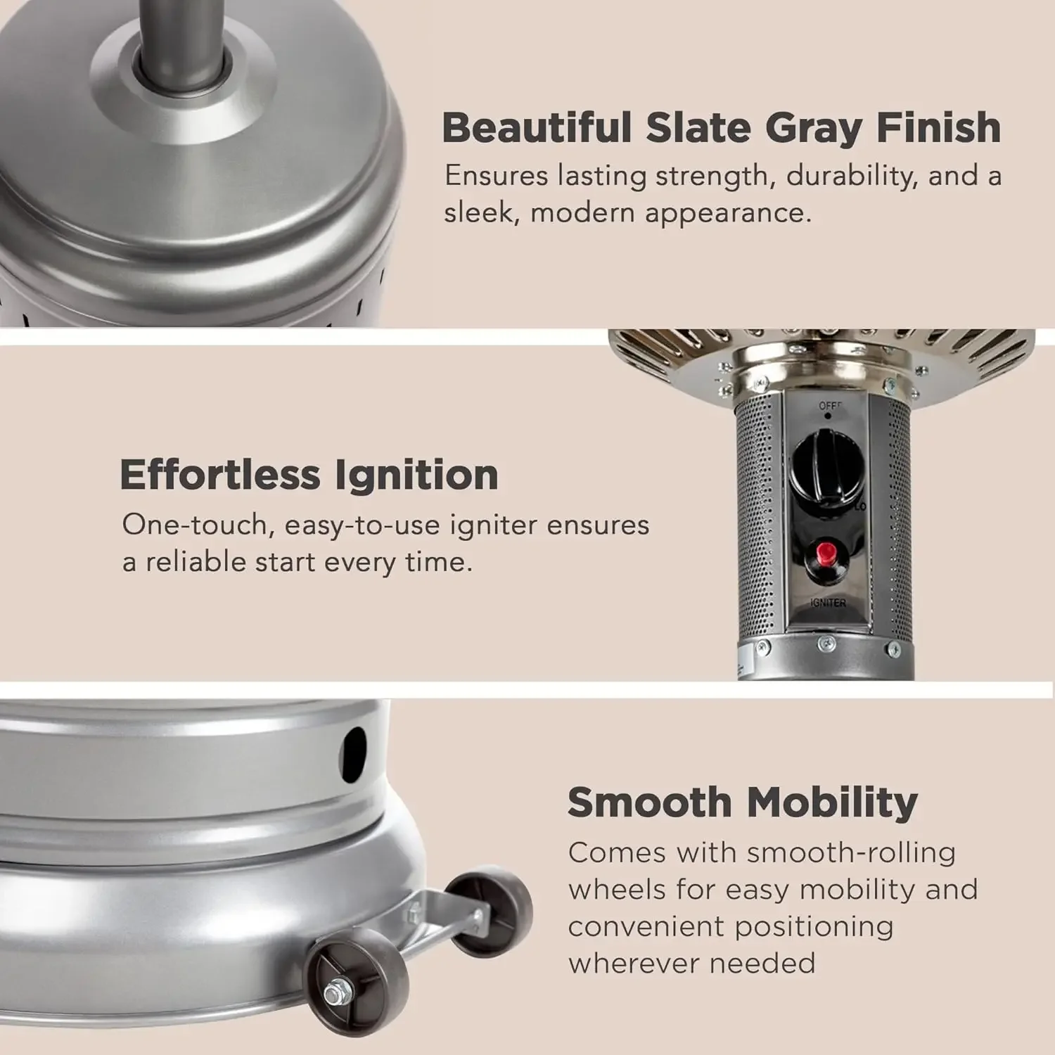 기본 46,000 BTU 야외 프로판 파티오 히터, 바퀴 포함, 상업 및 주거용, 슬레이트 그레이, 32.1x32.1x91.3 인치 (LxW)